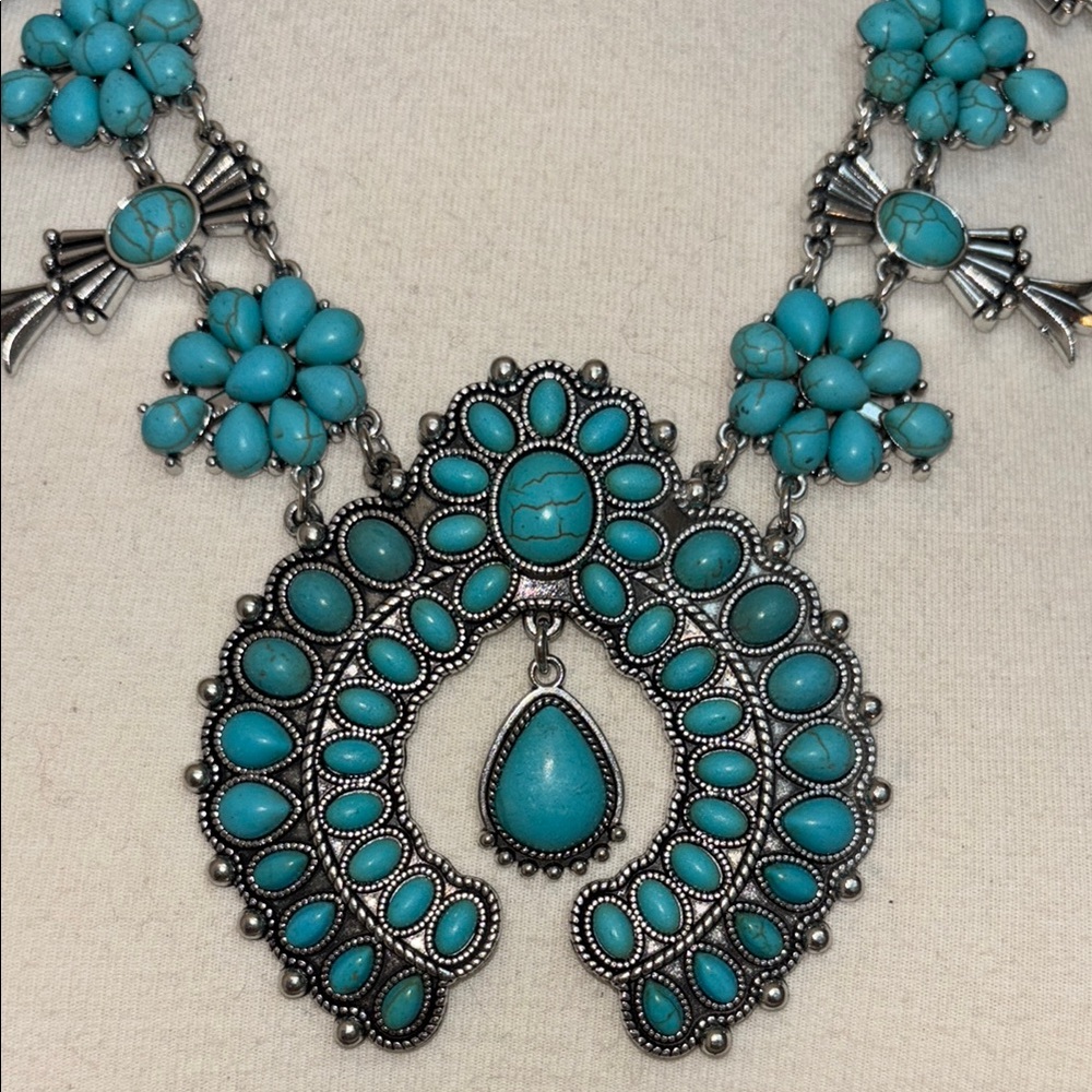 Blue and Silver Squash Blossom Necklace with Turquoise Accents - Picture 5 of 8